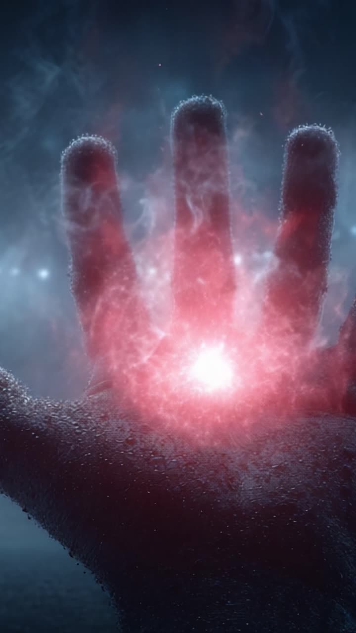 Un brillo misterioso emana de la mano, rodeada de niebla, representando una energía sobrenatural que cautiva al espectador con su resplandor y encanto