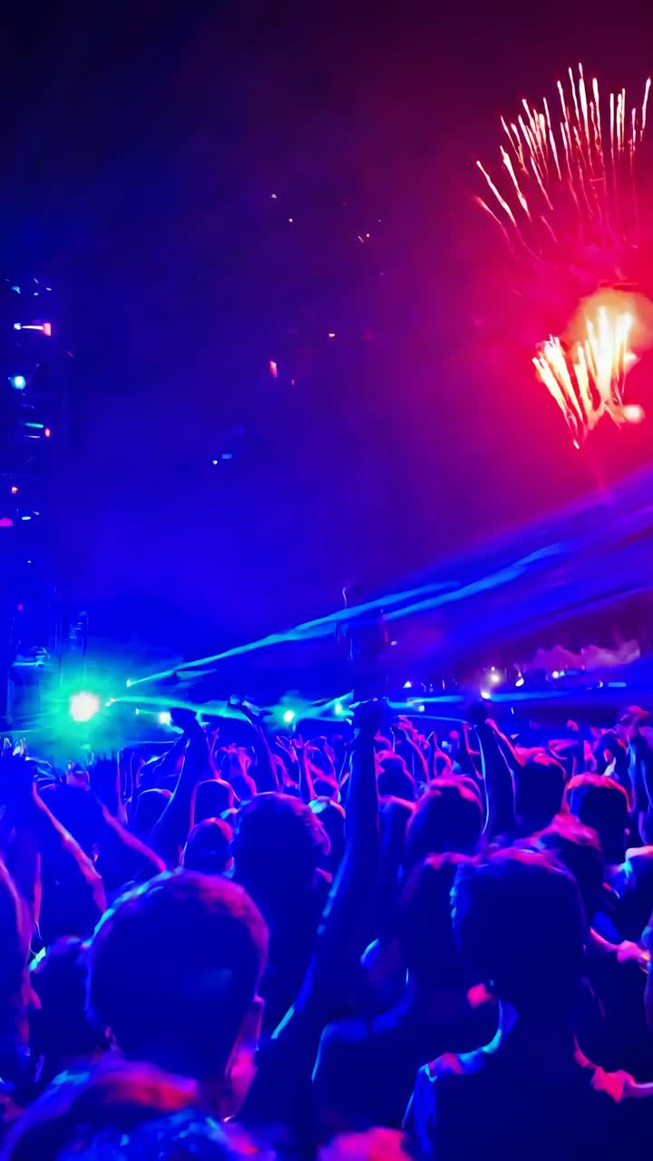 Scena video di un concerto vivace ripresa dal basso, che cattura una folla animata e luci di scena colorate.