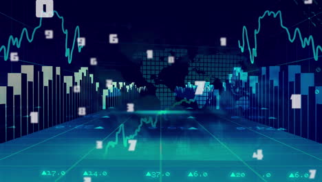 procesamiento de datos financieros contra el mapa del mundo en fondo azul