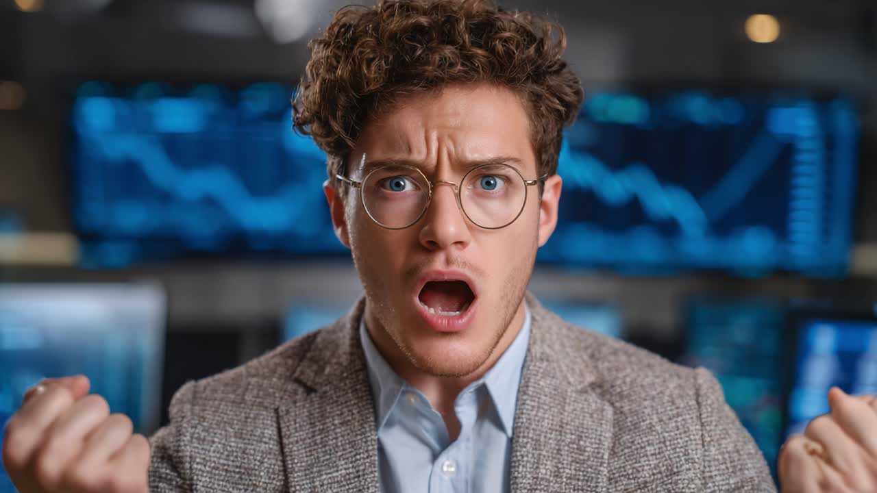 A Young Man's Expression of Intense Emotion in a Financial Setting: Enthusiasm, Frustration, and Triumph Captured in a Dramatic Rising Moment