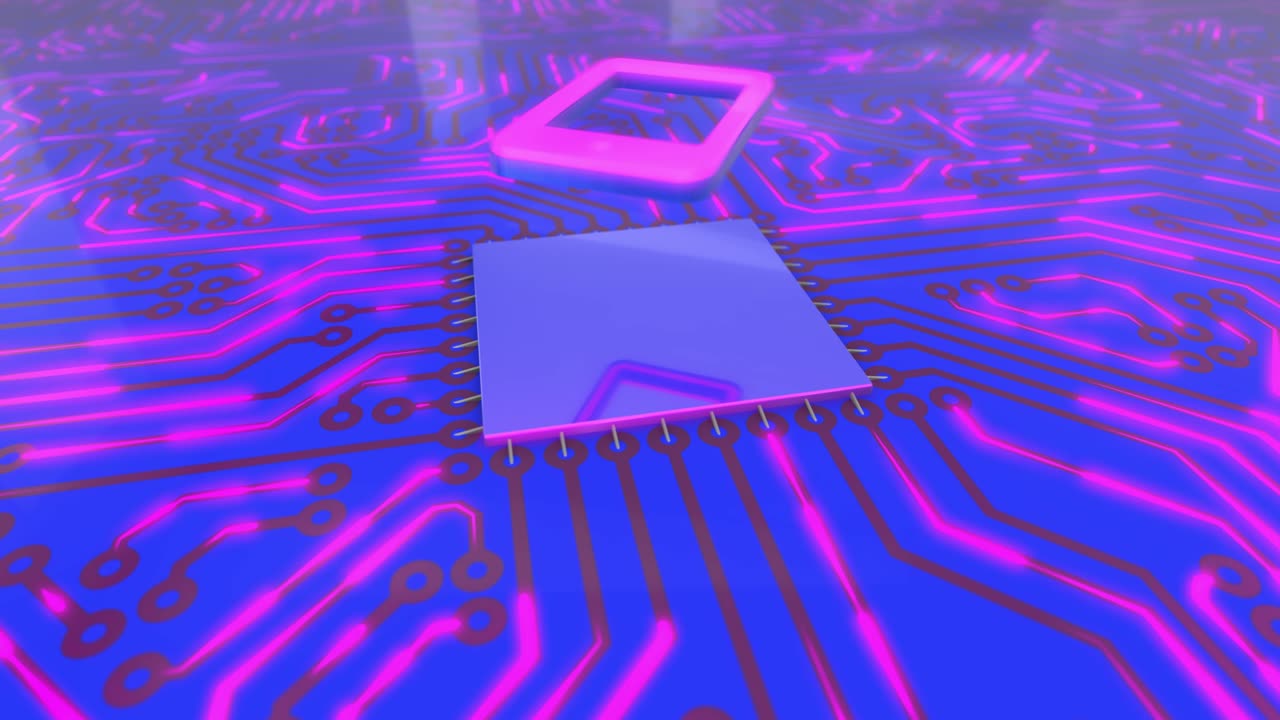 Blue and pink rotating computer circuit board concept tablet loop 4K