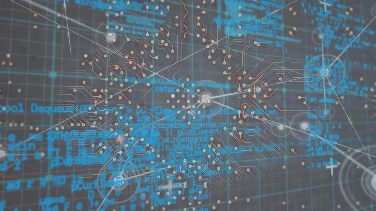 Animation of digital interface with network of connections on dark background