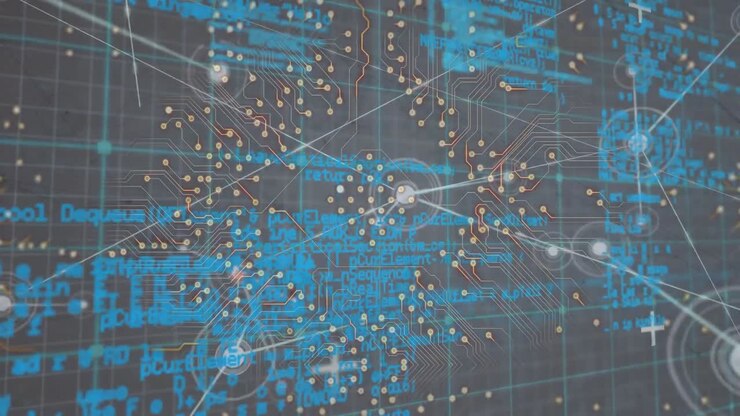 Animation of digital interface with network of connections on dark background