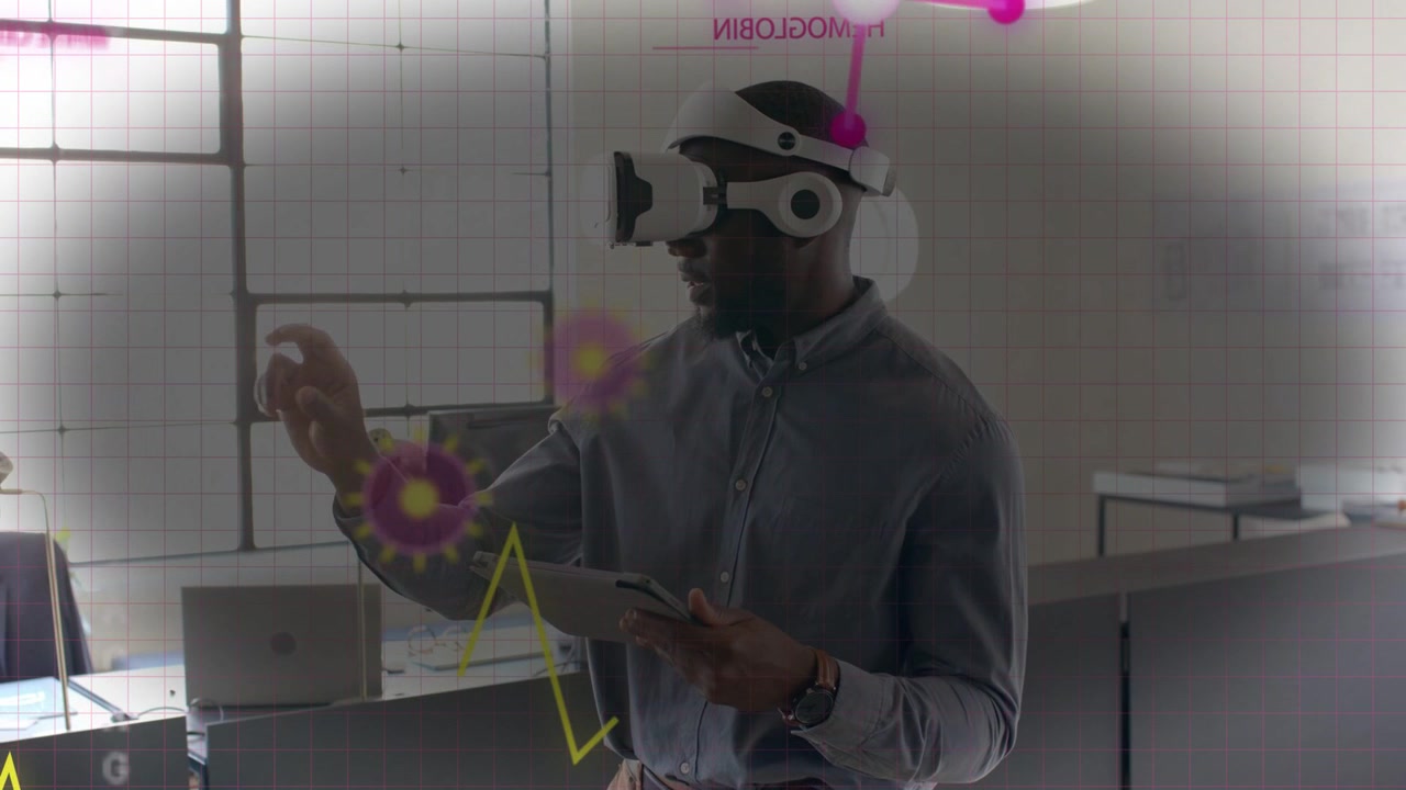 Man wearing VR HMD reaching, tapping purple nodes while using tablet, tuning yellow graph for tech