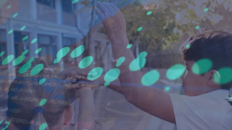 Animation of graphs and data over caucasian pupils playing outdoors