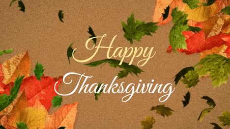 Animation-Eines-Fröhlichen-Thanksgiving-Textbanners-Und-Herbstblättern,-Die-Vor-Braunem-Hintergrund-Schweben