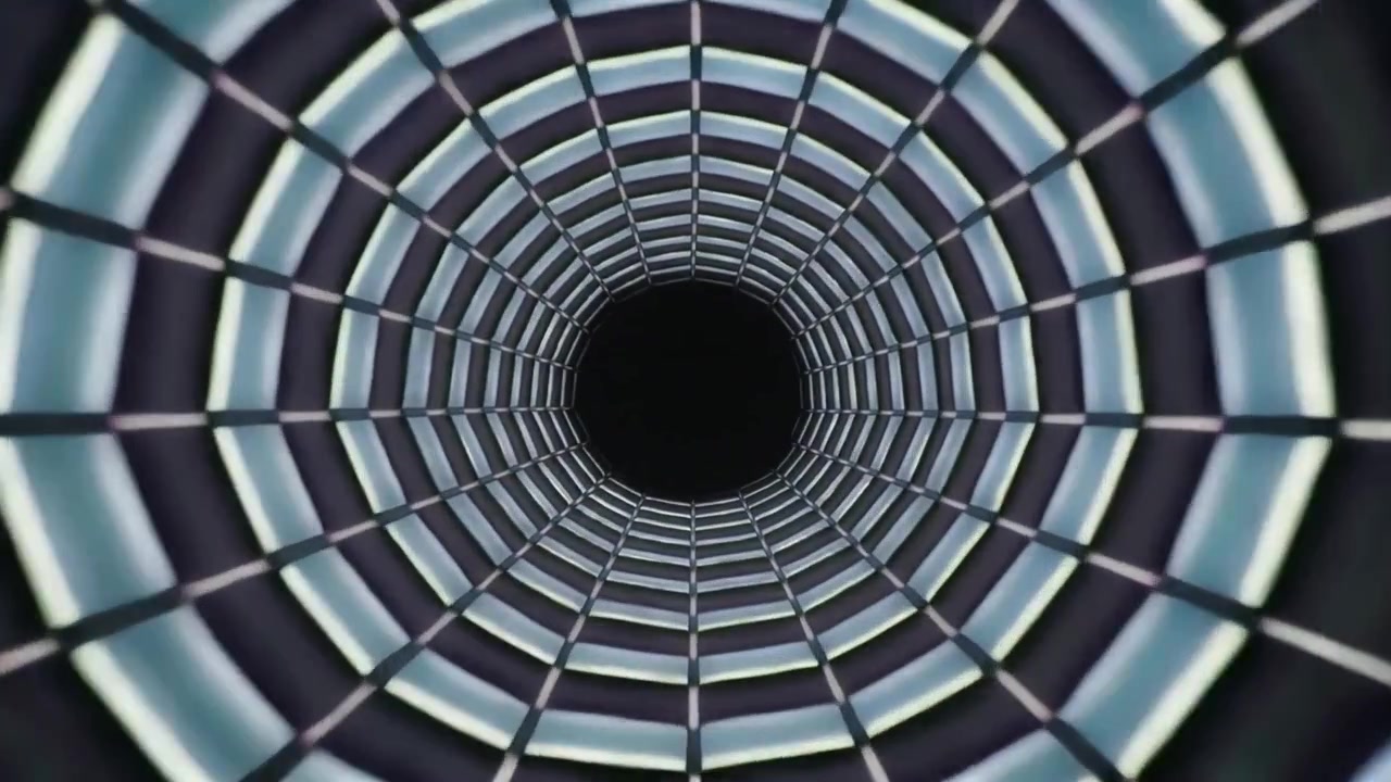Cylindrical tunnel advancing inward via frame sequence in black void, with lit rings, grid, spokes