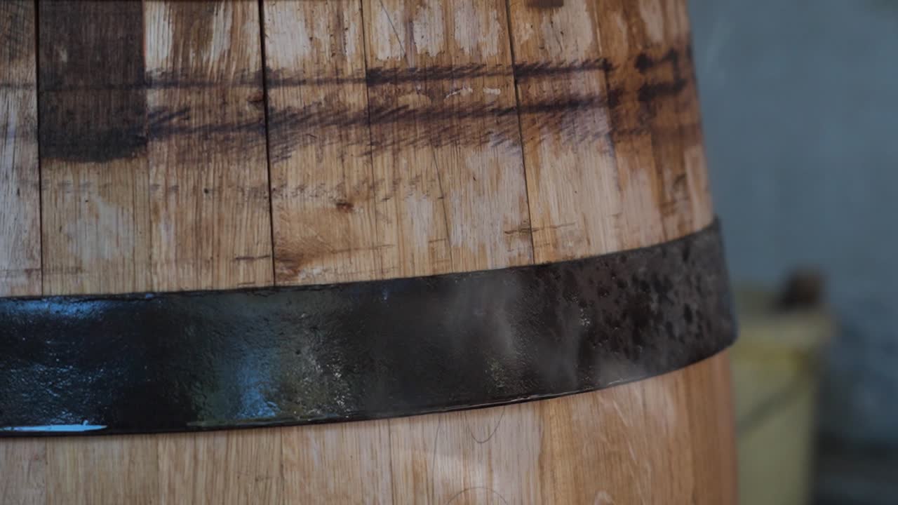 Close-up of a Wooden Barrel with Metal Band