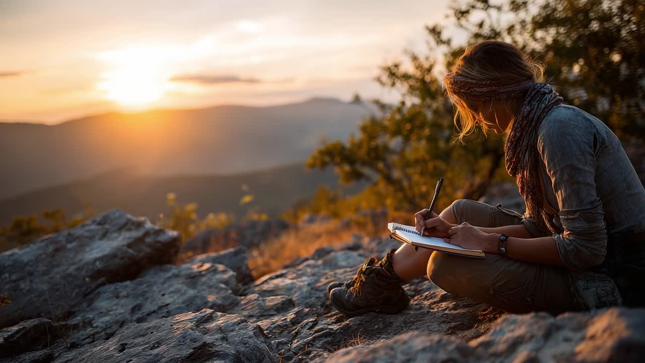 Scrivere un diario al tramonto su una montagna rocciosa in un paesaggio sereno