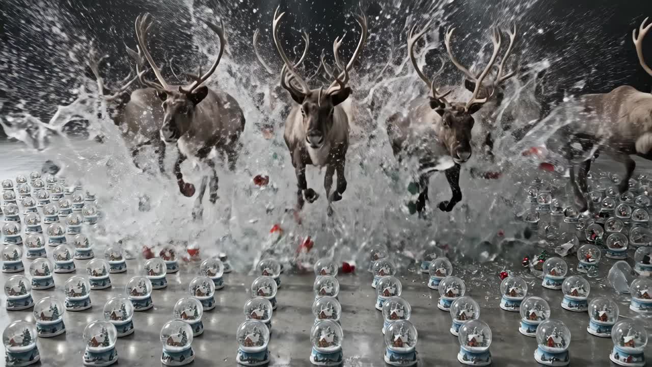 Rensdyrflok stormer frem og smadrer igennem snekugler i slowmotion.