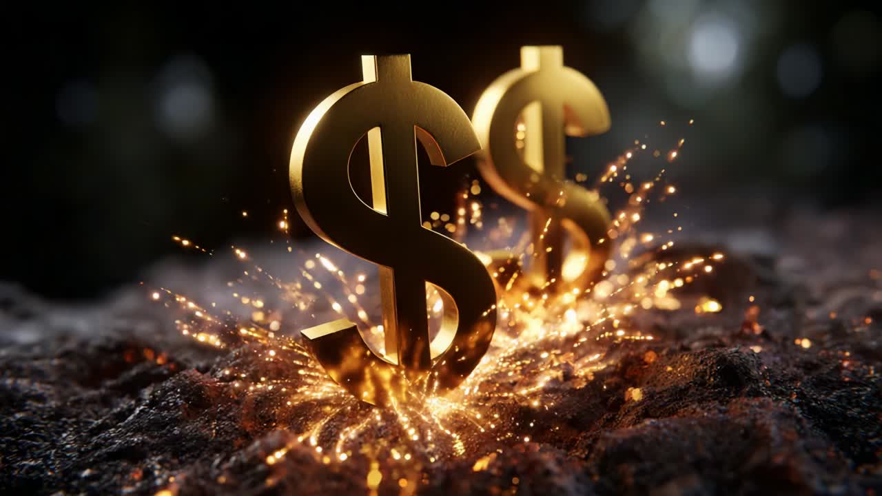 Golden Dollar Symbols Erupting with Sparkling Fireworks on a Dark Surface, Representing Wealth, Prosperity, Financial Success, and the Vibrant Energy Surrounding Economic Growth and Investment Opportunities