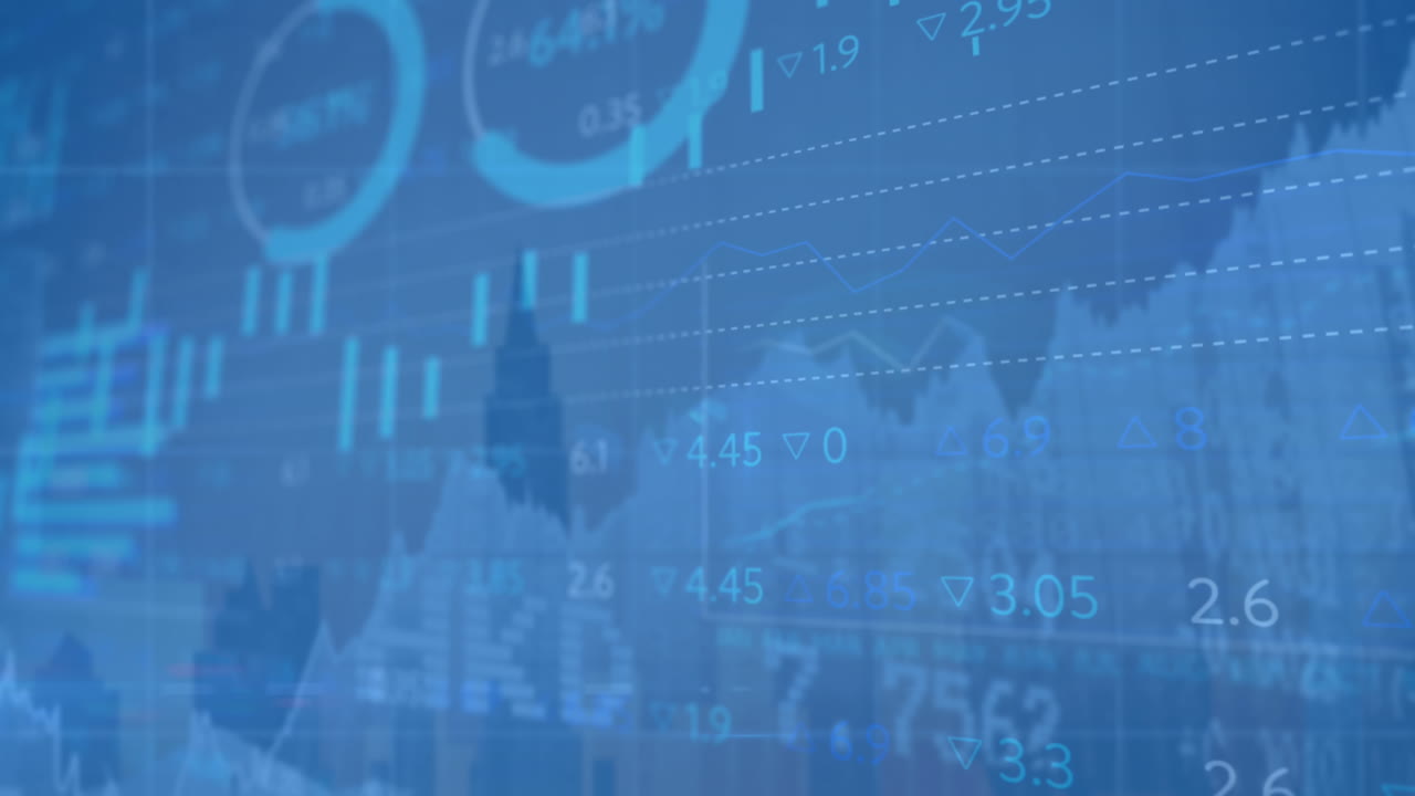 Animation of financial data processing over cityscape