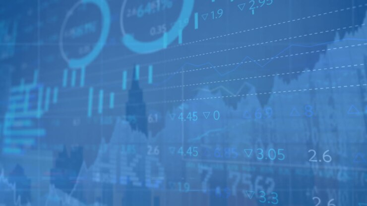 Animation of financial data processing over cityscape
