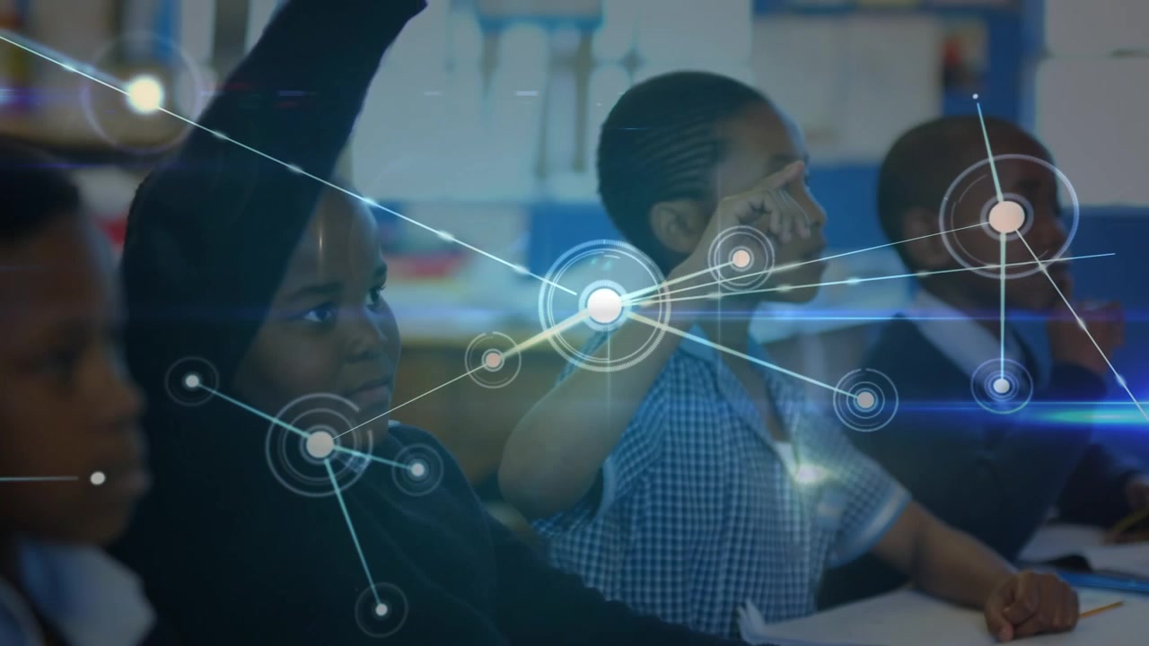 Animation of network of connections over diverse group of pupils in classroom
