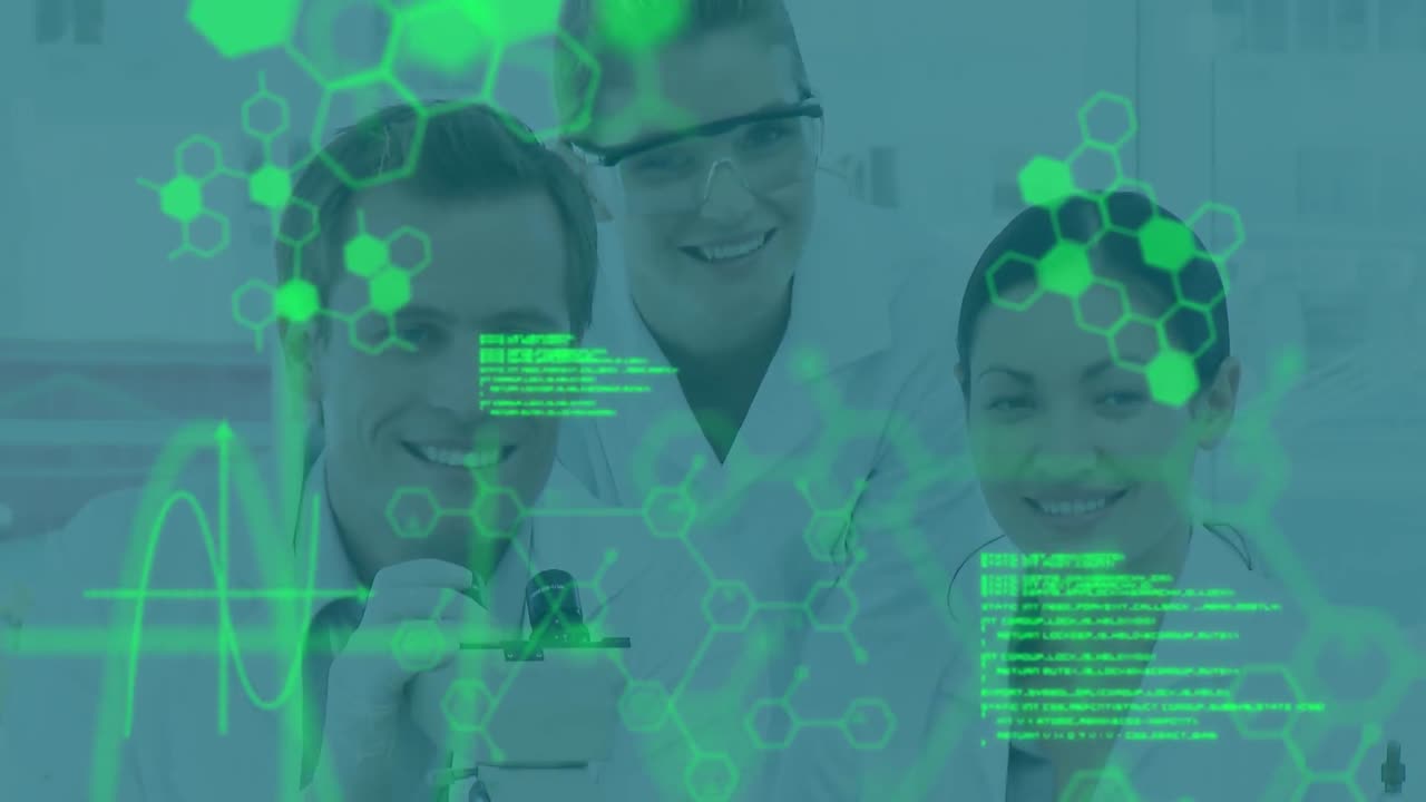 animación del procesamiento de datos científicos sobre diversas mujeres y hombres médicos