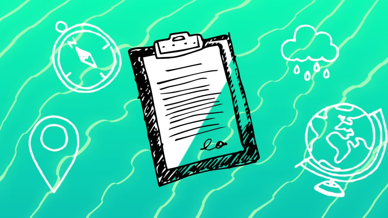 Animation of clipboard and school items over green background