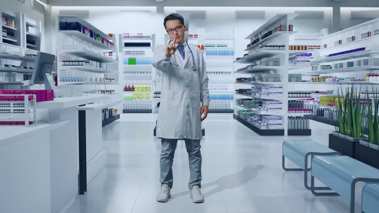 스테토스코프를 들고 약국에 서 있는 아시아 남성 의사의 몸이 가득 차 있습니다.