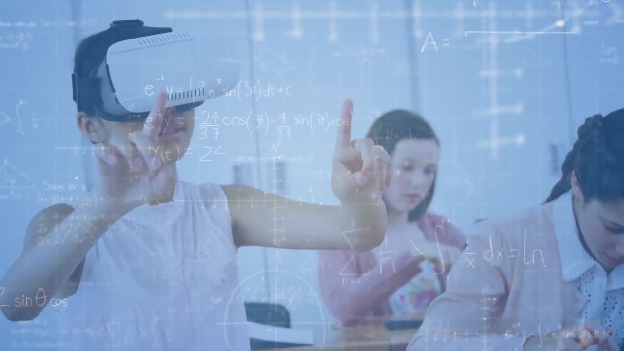 초등학교 수업에서 vr 헤드 ⁇ 을 착용한 소년에게 대항하는 수학 방정식