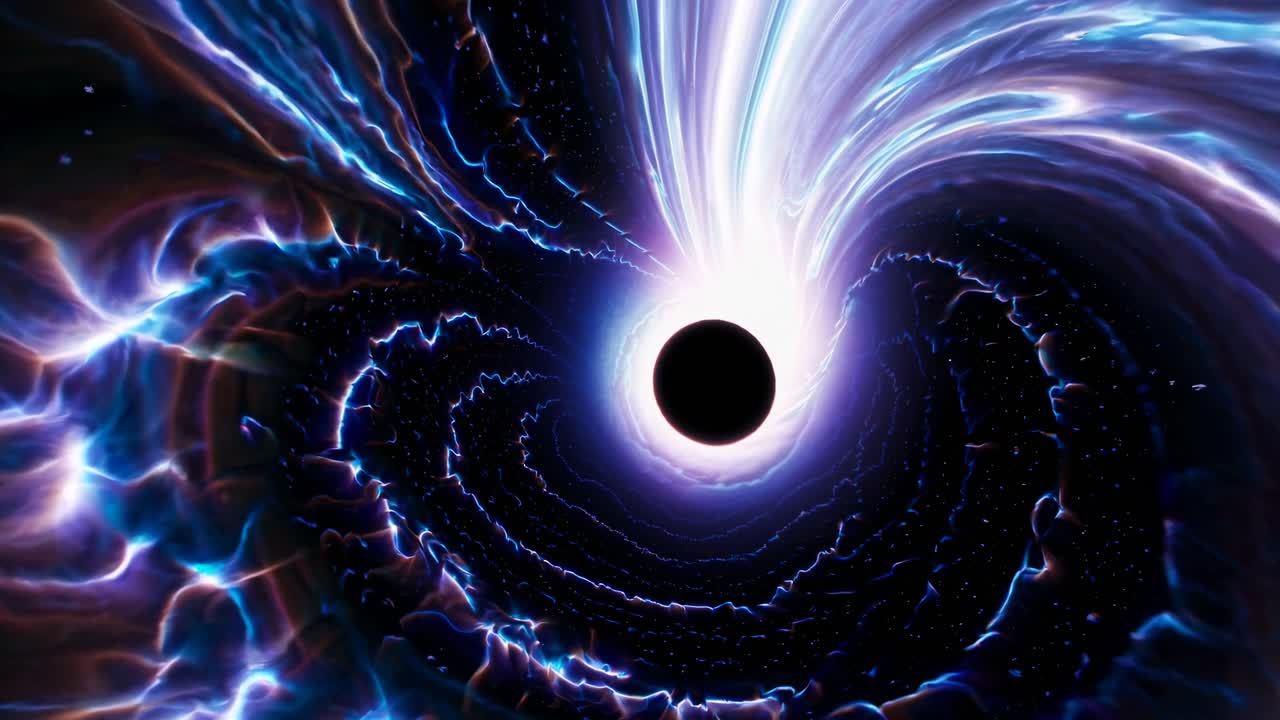 Dynamic video concept of a swirling black hole in space, captured from a top-down angle
