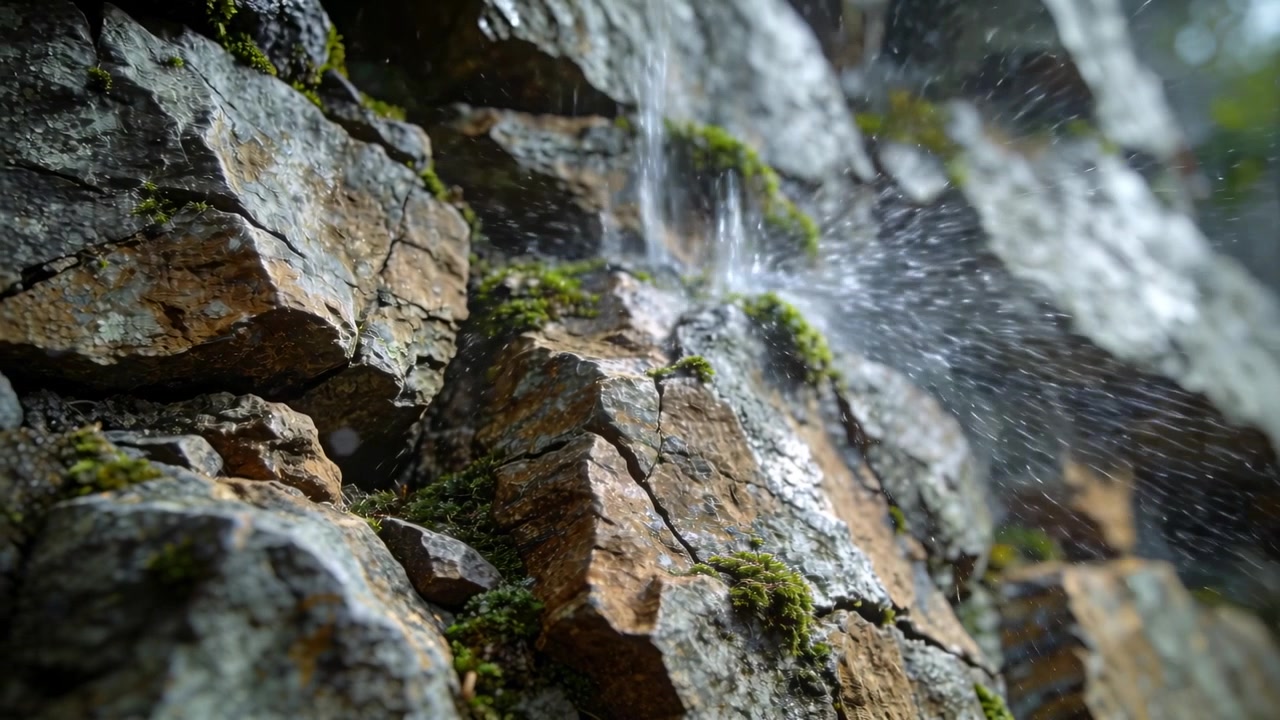 Absorbing mossy rock face taking thin trickle from seep above at outcrop, making spray and rivulet