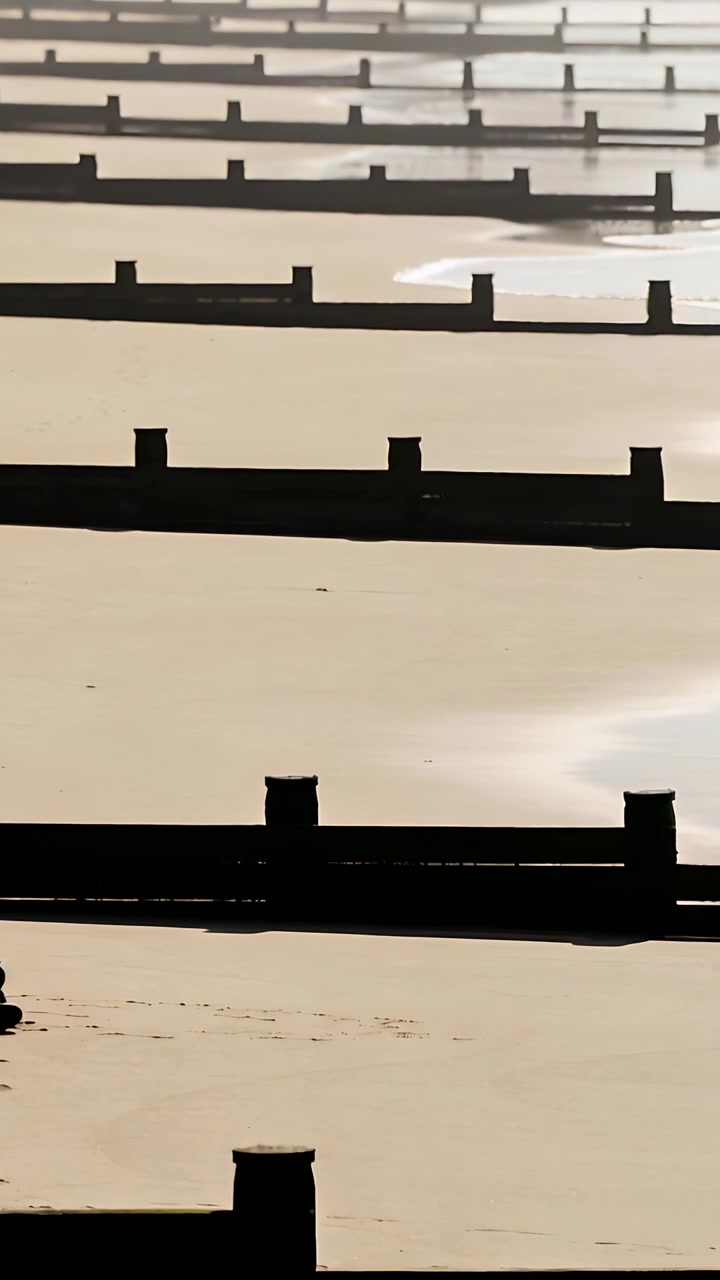 Vídeo vertical: Maré a mudar, pequena figura caminhando na praia junto a esporões de madeira, observando reflexos.