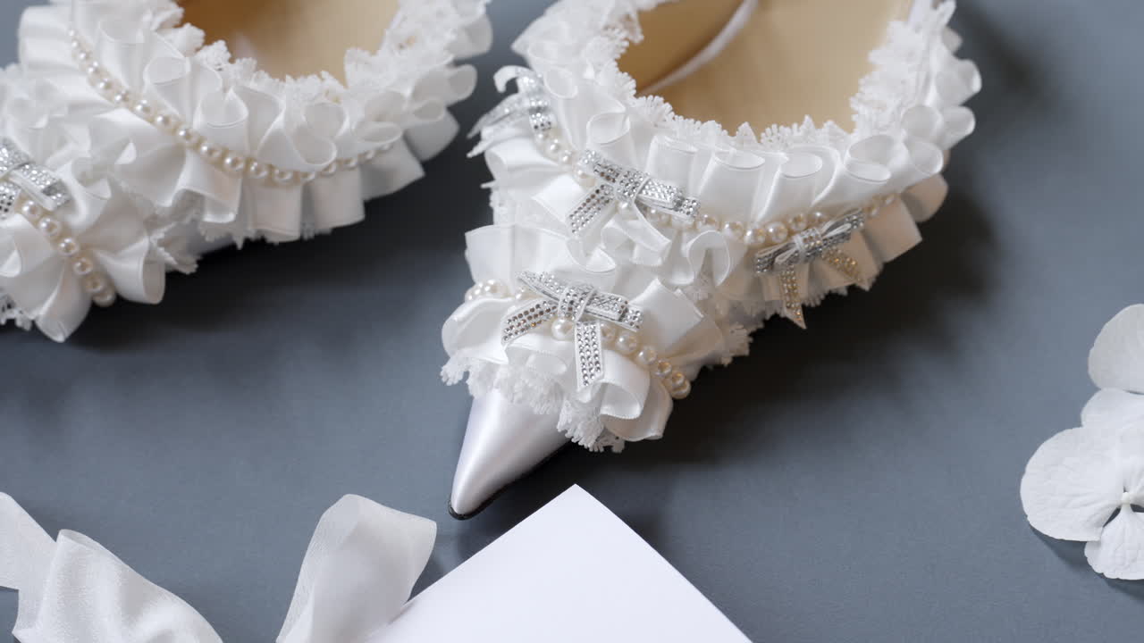 Elegant White Bridal Shoes with Ruffles and Pearls