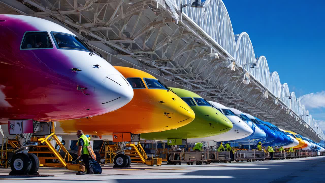 A Bright Array of Colorful Aircraft Lined Up in a Hangar, Showcasing Their Distinctive Paint Schemes Under Clear Blue Skies, Reflecting Modern Aviation Aesthetics and Engineering
