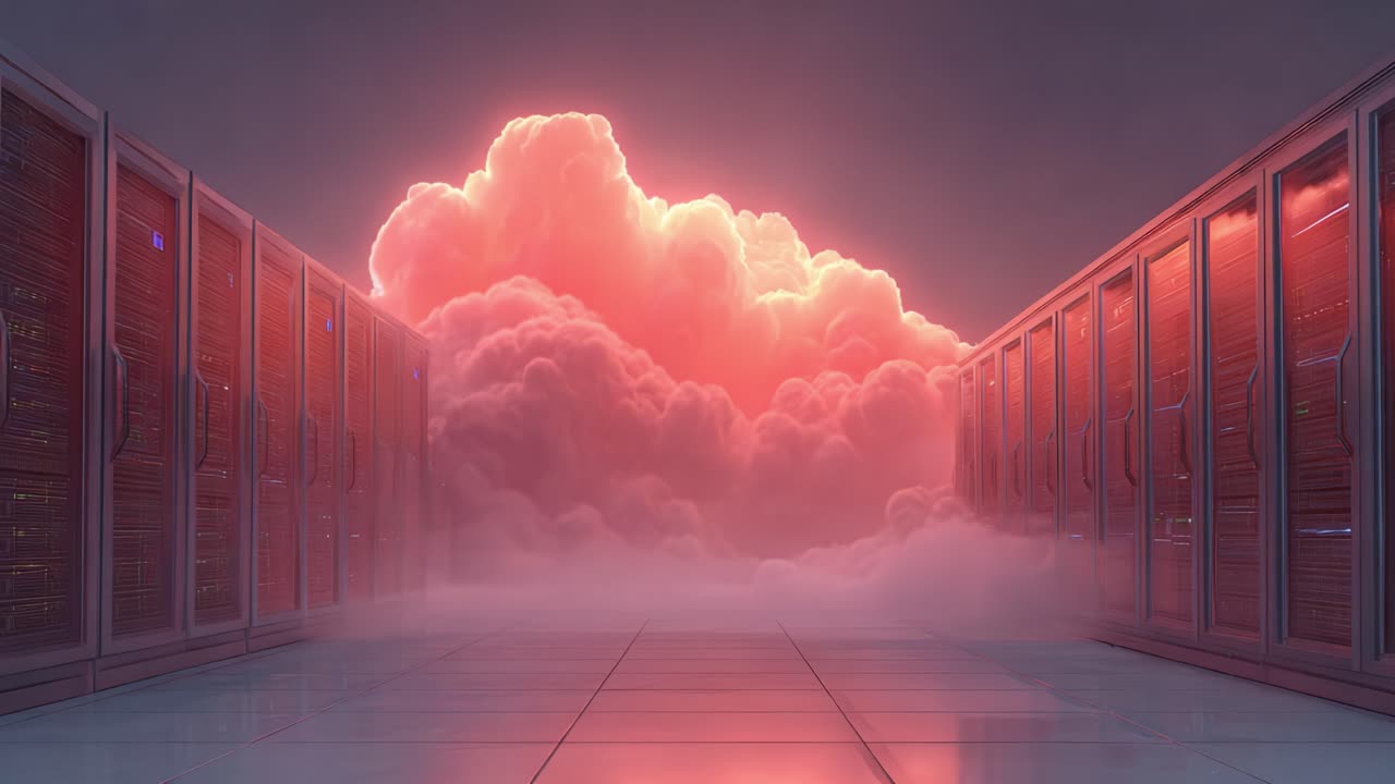 A Dreamlike Digital Realm: A Mesmerizing Encounter Between Majestic Clouds and High-Tech Server Racks in a Futuristic Data Center Environment