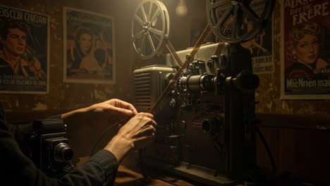a vintage film projector in action: capturing the nostalgia of cinematic history through the hands of a dedicated operator