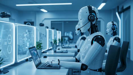 a futuristic workspace featuring advanced robots interacting with technology, showcasing automated systems and artificial intelligence in action