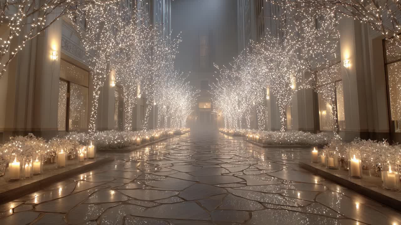 A Dreamy Winter Wonderland: Enchanted Pathway Illuminated by Twinkling Fairy Lights and Soft Candle Glow, Creating a Magical Ambiance of Serenity and Joy