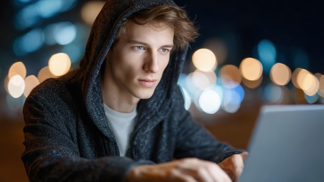 Focused Youth Engaged in Late-Night Work on Laptop Amidst Blurred City Lights Reflecting Concentration and Modern Digital Lifestyle