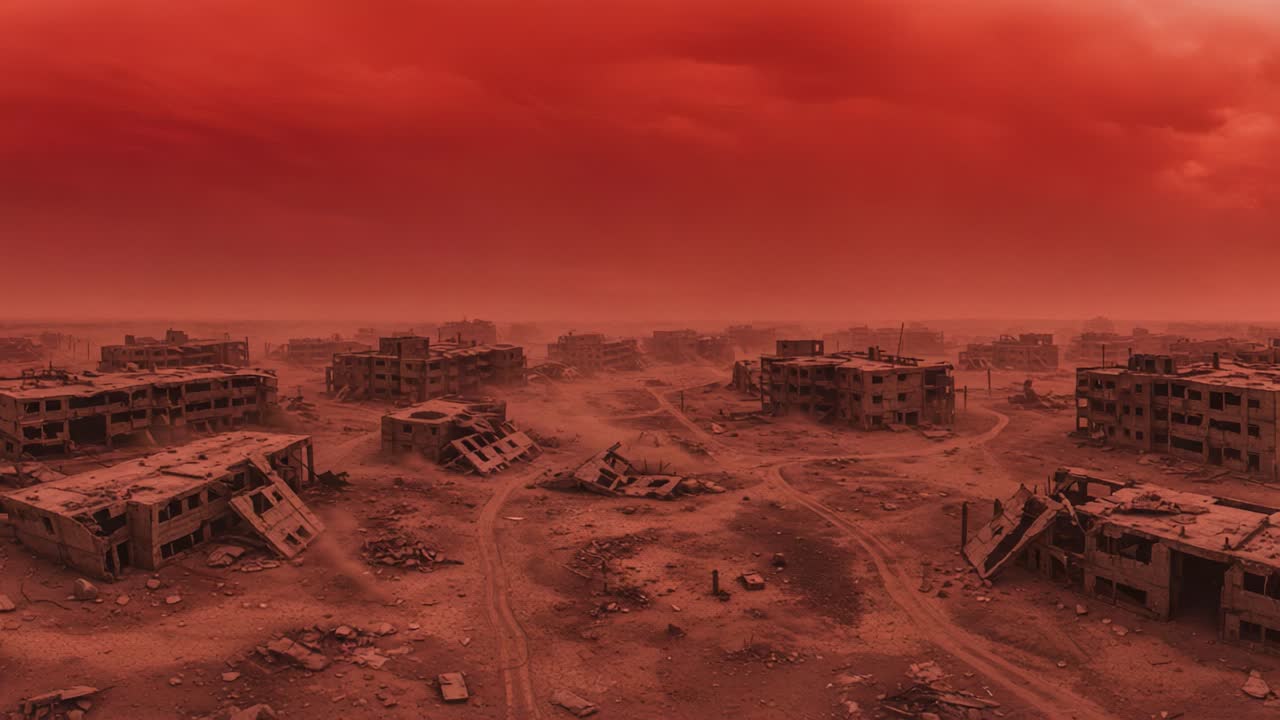 Desolate Urban Landscape: A Haunting View of Abandoned Buildings and Dusty Skies in a Post-Apocalyptic Setting Under a Fiery Red Atmosphere
