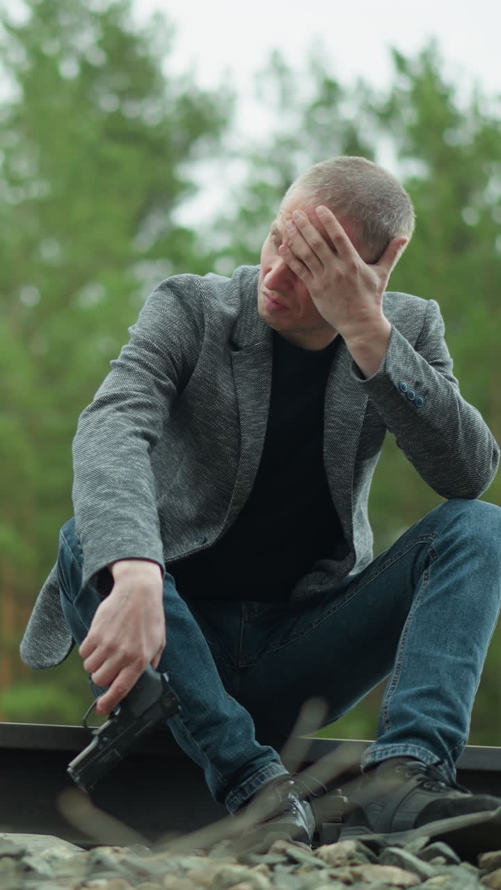 un hombre con una chaqueta gris y pantalones vaqueros azules está sentado en una vía ferroviaria, sosteniendo una pistola con la cabeza inclinada y la mano descansando en su cabeza, el fondo presenta un bosque verde borroso