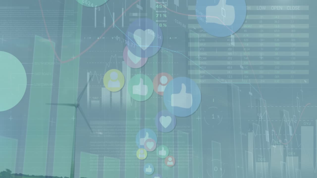Animasi pemrosesan data dan ikon di atas kincir angin
