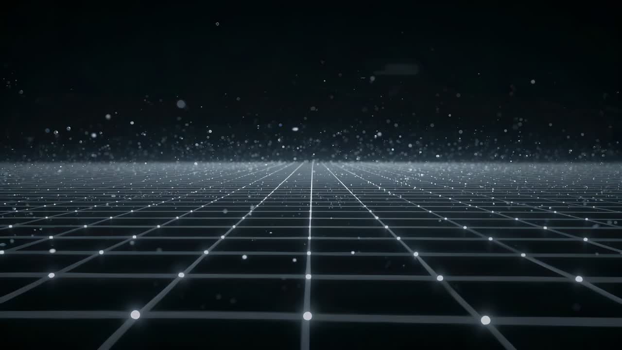 Advancing camera pushing glowing grid forward toward horizon, creating depth with drifting motes