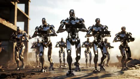 a powerful march of advanced robots: a brigade of futuristic cybernetic warriors adapting to crumbling environments, ready for action in an uncertain future