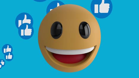 Animation-of-smiling-emoji-icon-with-sunglasses-with-thumbs-up-icons-on-blue-background