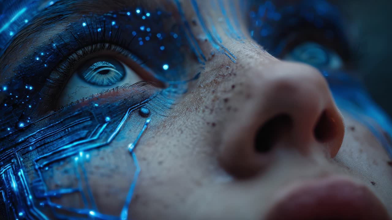 A Captivating Close-Up of a Futuristic Human Face Embellished with Shimmering Blue Bioluminescent Circuit Patterns and Glowing Eyes