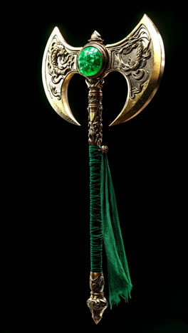 este es un mítico hacha de doble arco con un diseño ornamentado adornado con una llamativa joya de esmeralda