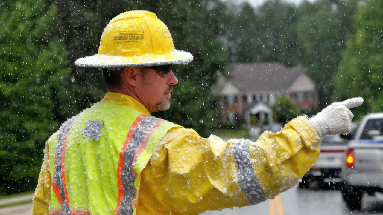 A focused construction worker in a bright yellow raincoat and hat, expertly directing traffic during a heavy downpour in a suburban area, showcasing dedication and safety amid challenging weather conditions