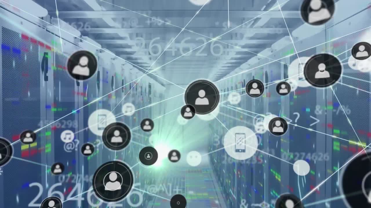 Animation of network of connections with icons over server room and data processing