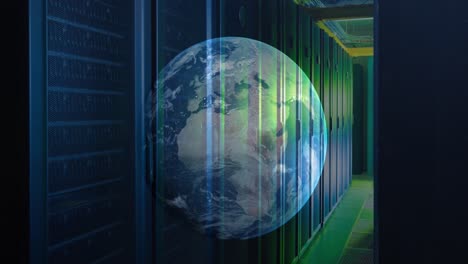 Animation-of-moving-globe-against-server-room-in-background