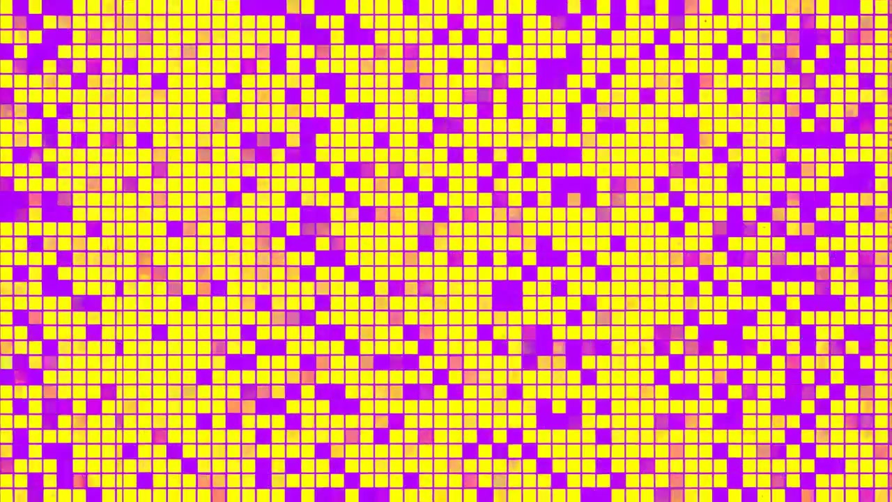 Mosaico vibrante a griglia di pixel neon pulsante con quadrati densi gialli e magenta su pannelli piastrellati, casuale