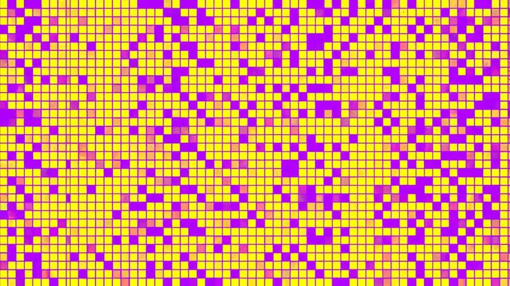 Mosaico vibrante a griglia di pixel neon pulsante con quadrati densi gialli e magenta su pannelli piastrellati, casuale