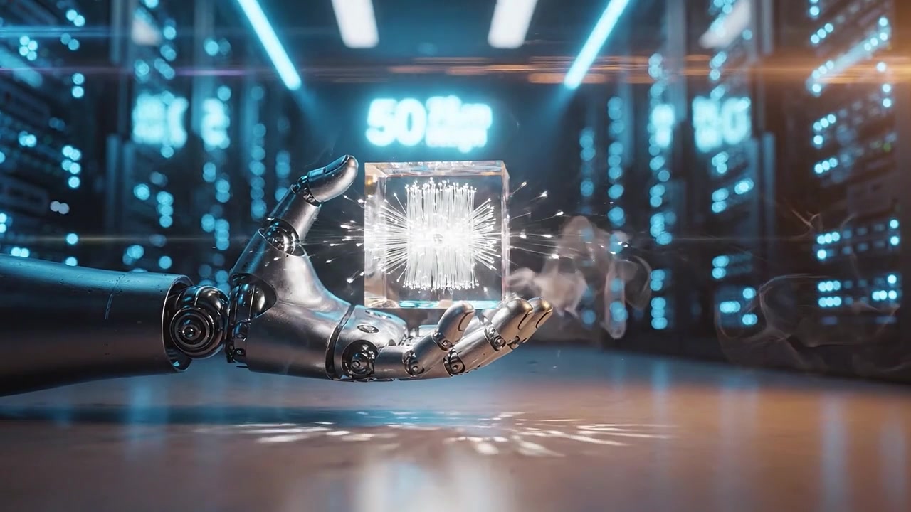 Advanced Robotics and Quantum Computing: A Futuristic Glimpse at a Robotic Hand Holding a Glowing Quantum Cube in a High-Tech Data Center Environment