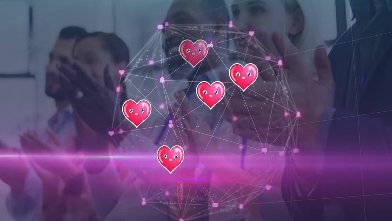 다양한 사업가들의 손을 박는 연결과 마음의 애니메이션