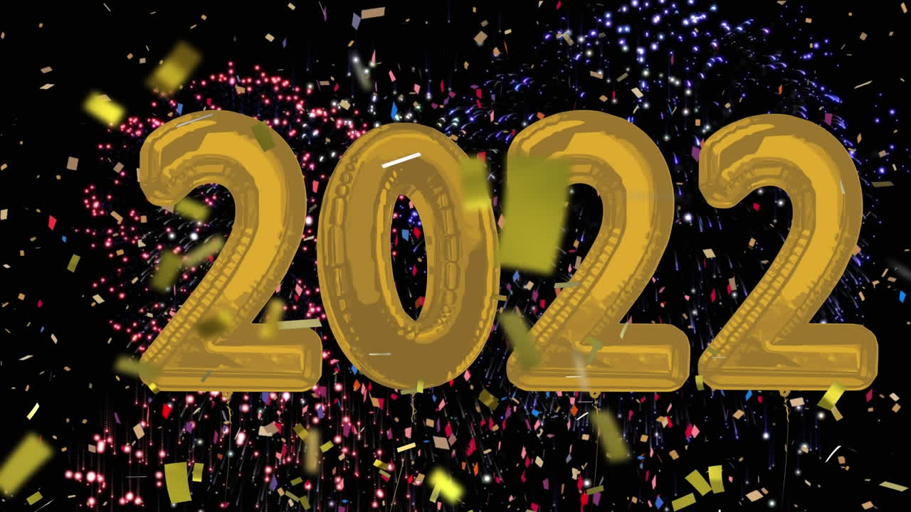animación de globos de 2022 volando y cayendo confeti sobre un fondo negro