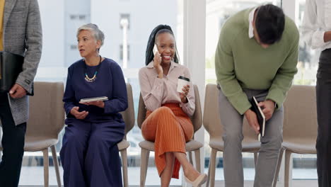 Black-woman,-phone-call-and-waiting-room