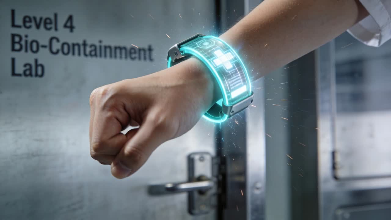 Cyan glow emitting, activating lab-sleeved forearm, casting holo band with medical cross at L4 Lab